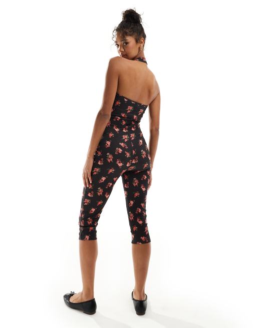 ASOS DESIGN – Wadenlanger Neckholder-Jumpsuit in Schwarz mit eckigem Ausschnitt und Blümchenmuster, 4 von 4