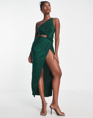 ASOS DESIGN - Wadenlanges Kleid in Grün mit Knotendetail und Zierausschnitt