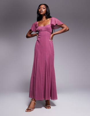 ASOS DESIGN - Wadenlanges Kleid in Orchidee mit geraffter Brustpartie, Flatterärmeln und Godetfalten-Rosa