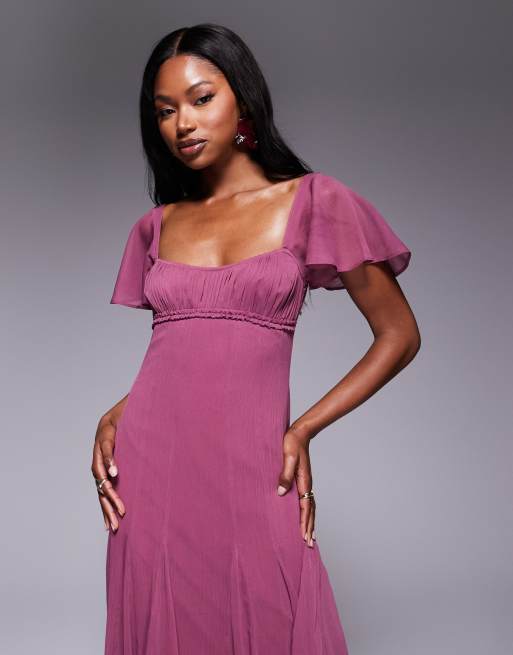 ASOS DESIGN – Wadenlanges Kleid in Orchidee mit geraffter Brustpartie, Flatterärmeln und Godetfalten , 4 von 4