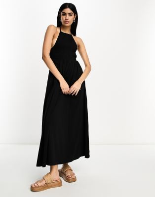 ASOS DESIGN - Wadenlanges Kleid in Schwarz mit Neckholder-Träger und gesmoktem Oberteil-Black