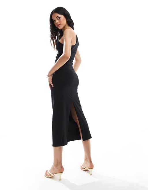 ASOS DESIGN – Wadenlanges Kleid in Schwarz mit One-Shoulder-Träger und geraffte Seiten, 2 von 4