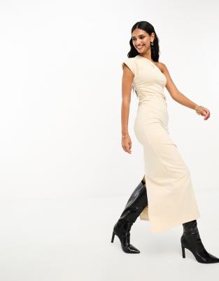 ASOS DESIGN - Wadenlanges Kleid in Steinbeige mit One-Shoulder-Träger und gerafften Seiten-Neutral