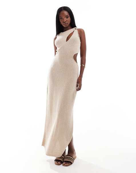 ASOS DESIGN – Wadenlanges, langärmliges Strickkleid in Taupe mit Metalldetail und Zierausschnitten - view 1