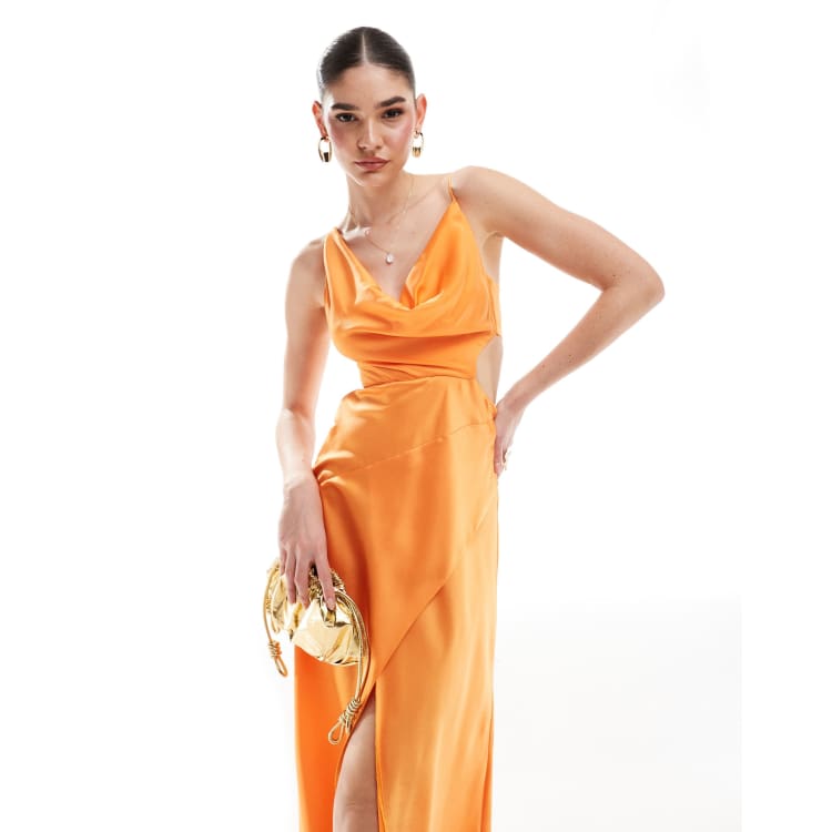 ASOS DESIGN Wadenlanges Satin Kleid in Orange mit Wasserfallausschnitt Zierausschnitt in der Taille und nach hinten abfallendem Saum