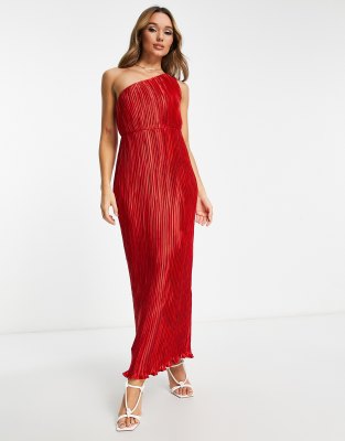 ASOS DESIGN - Wadenlanges Satin-Kleid in Rot mit One-Shoulder-Träger und Faltendetails