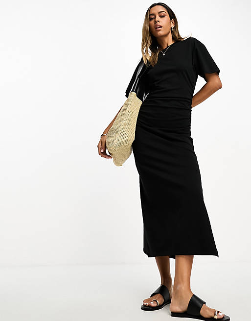 ASOS DESIGN – Wadenlanges T-Shirt-Kleid in Schwarz mit gerafften Seiten und  Rundhalsausschnitt | ASOS