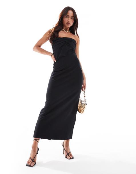 ASOS DESIGN – Wadenlanges, trägerloses Bodycon-Kleid in Schwarz mit überkreuzter Brustpartie - view 1