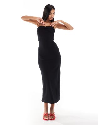 ASOS DESIGN - Wadenlanges, trägerloses Bodycon-Kleid in Schwarz mit überkreuzter Brustpartie