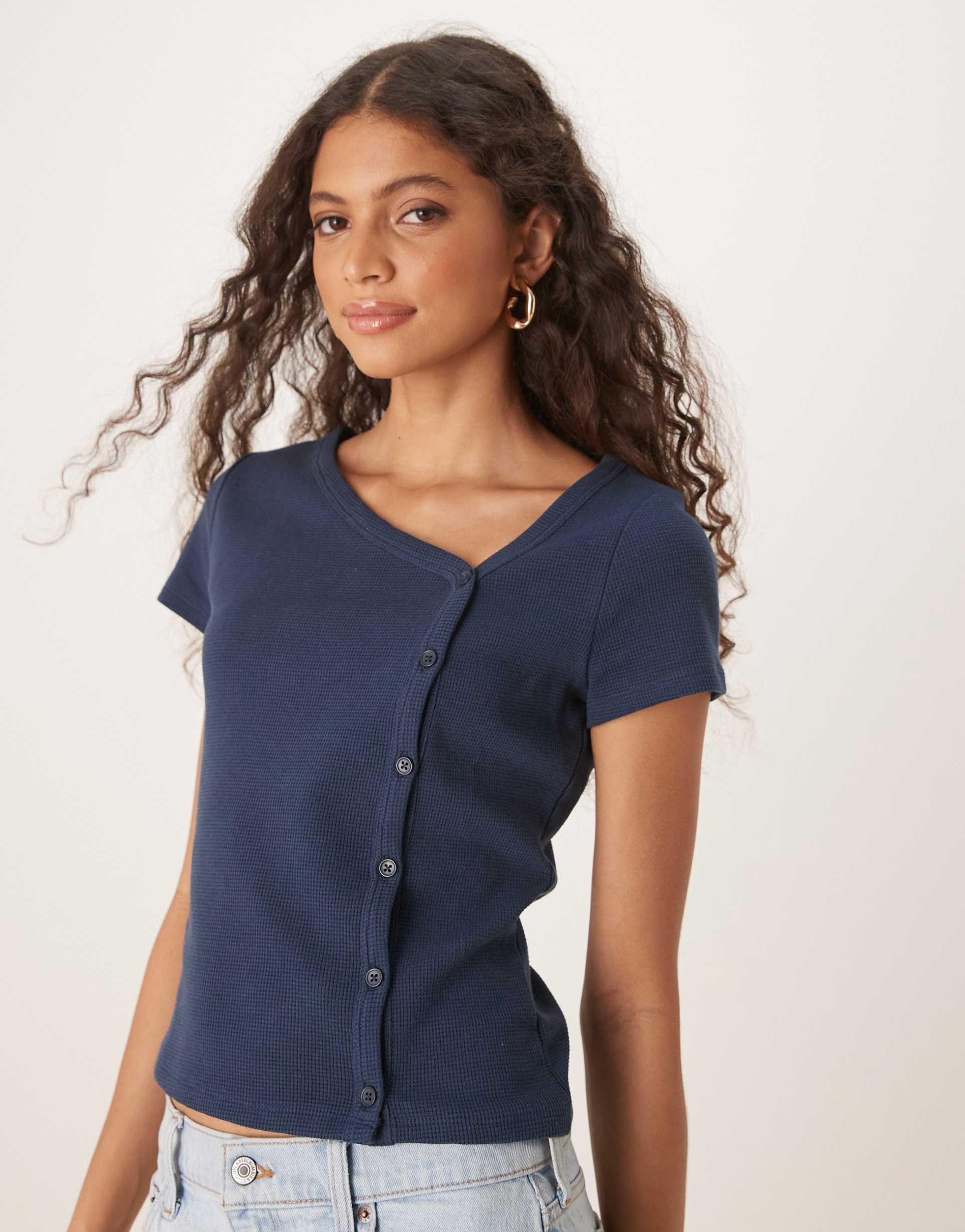 asos design waffle asymmetric button up long sleeve top in navy