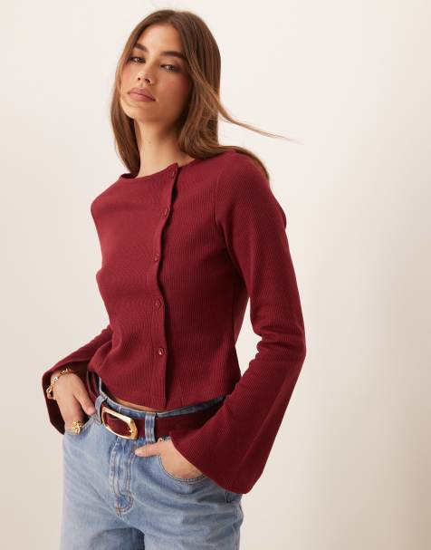 ASOS DESIGN waffle asymmetric button up top in burgundy - view 1
