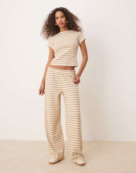 ASOS DESIGN waffle baby tee and pants set in neutral stripe - view 1