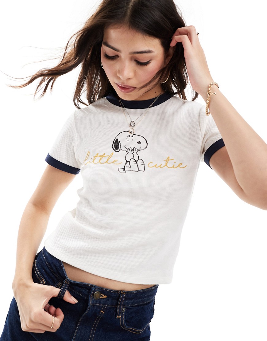 ASOS DESIGN waffle baby tee with snoopy licence graphic in cream-White