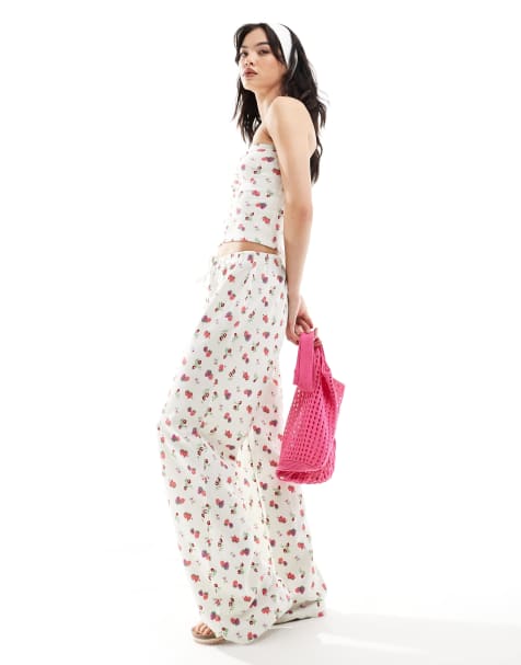 ASOS DESIGN waffle bandeau and trouser co-ord in fruit print - WHITE - view 1