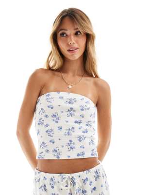 Asos Design Waffle Bandeau Top In Floral And Blueberry Print - Part Of A Set-multi