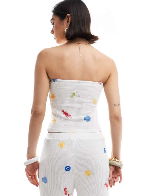 ASOS DESIGN waffle bandeau top in vacation embroidery in white - part of a set, 2 of 4
