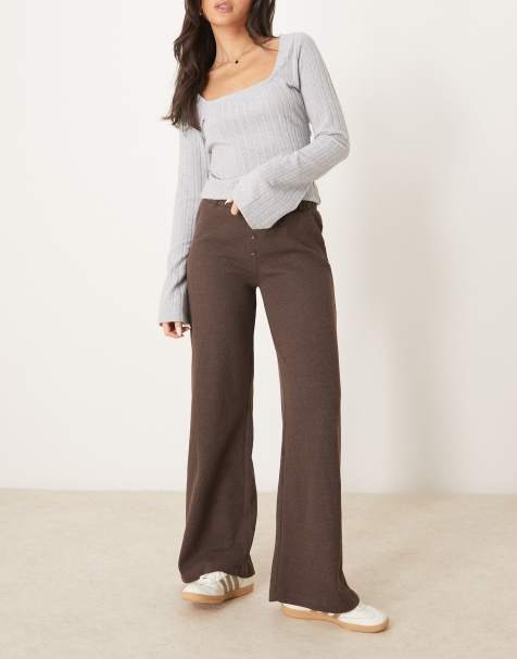 ASOS DESIGN waffle boxer detail wide leg pants in brown - view 1