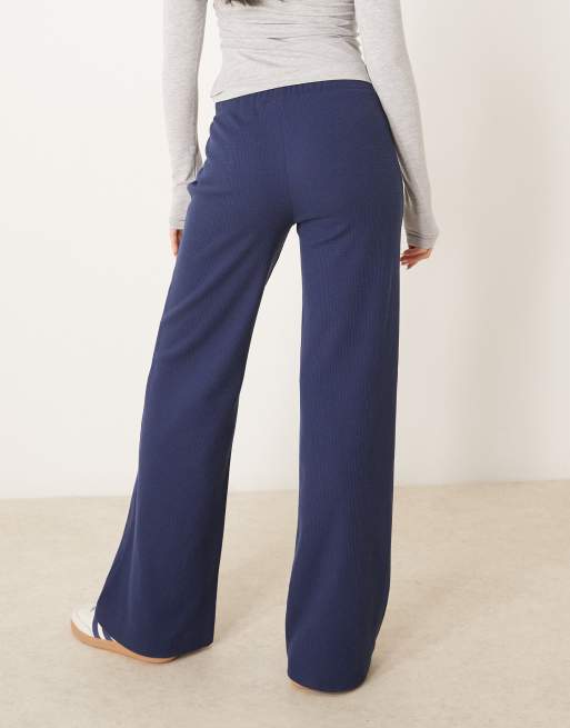 ASOS DESIGN waffle boxer detail wide leg pants in navy, 3 of 5