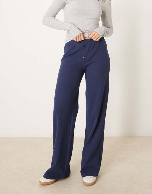 ASOS DESIGN waffle boxer detail wide leg trousers in navy, 2 of 5