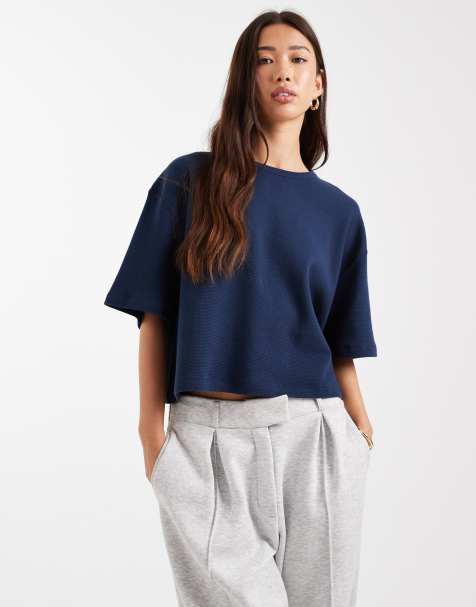 ASOS DESIGN waffle boxy crop t-shirt in navy - view 1