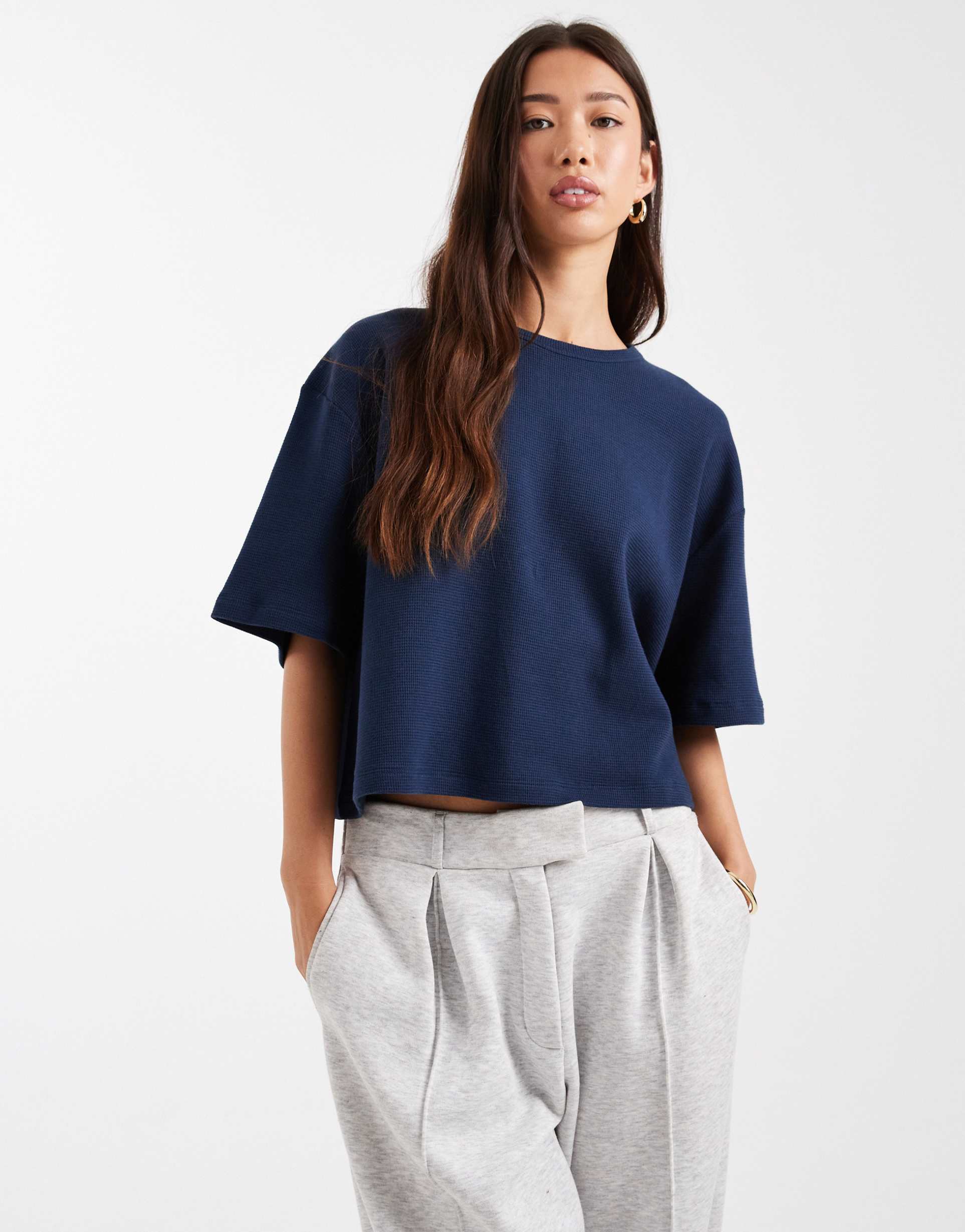 asos design waffle boxy crop t-shirt in navy