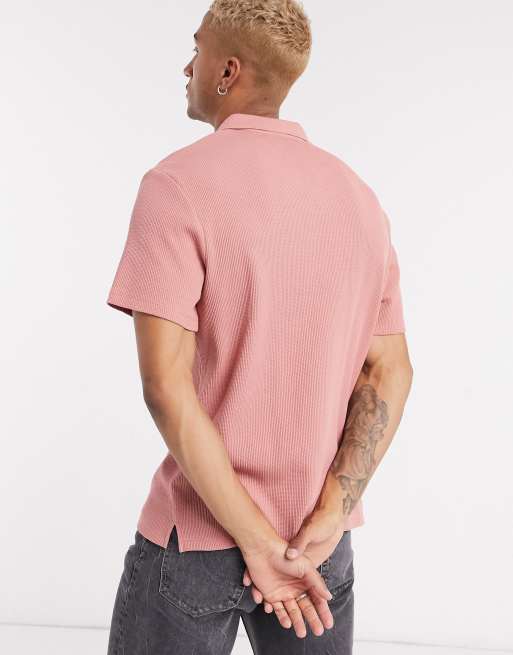 ASOS DESIGN waffle camp collar polo shirt in dusty pink