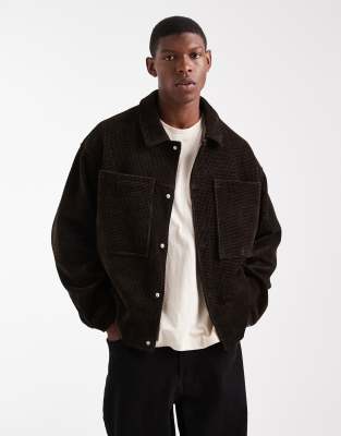 Asos Design Waffle Cord Harrington Jacket In Brown