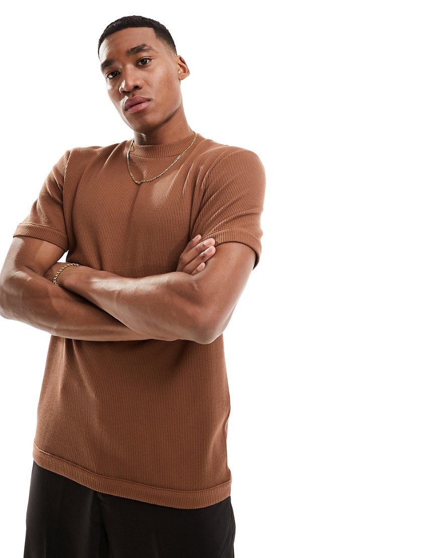 ASOS DESIGN waffle crew neck t-shirt in brown-Grey