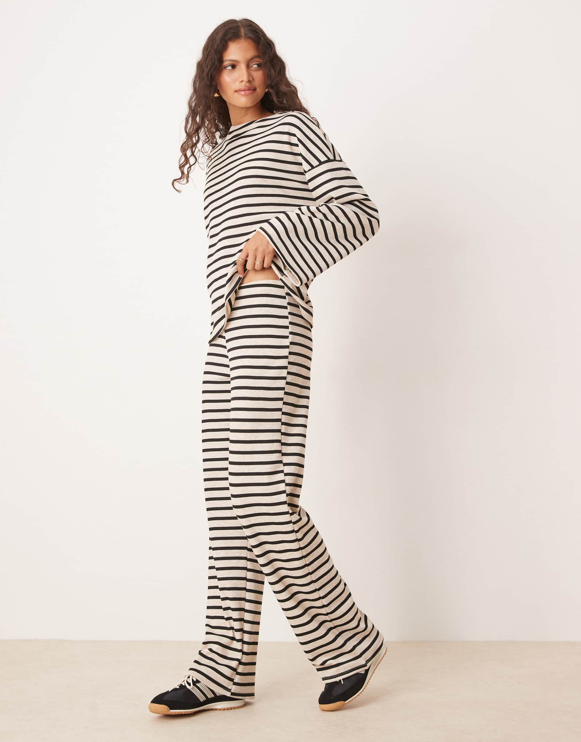 asos design waffle flare pants in mono stripe - part of a set