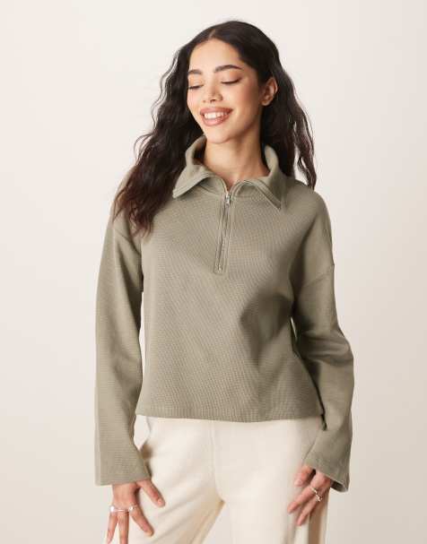 ASOS DESIGN waffle half zip sweatshirt in mint green - view 1