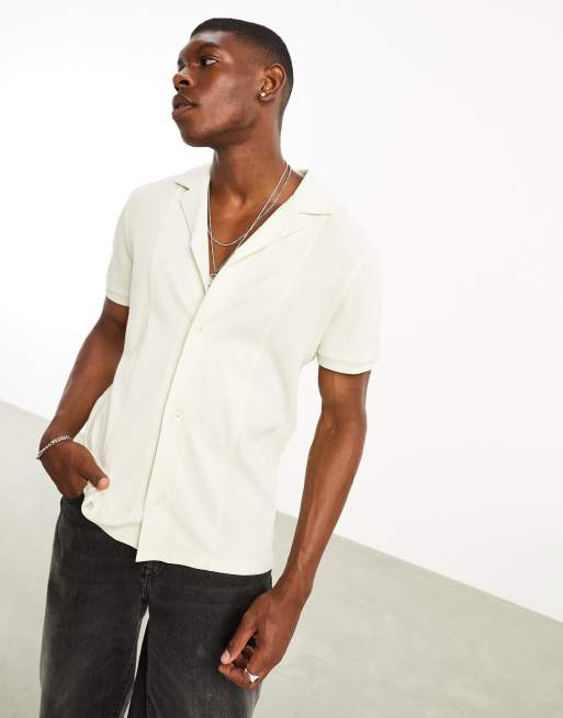 ASOS DESIGN waffle jersey shirt with panel detail in ecru | ASOS