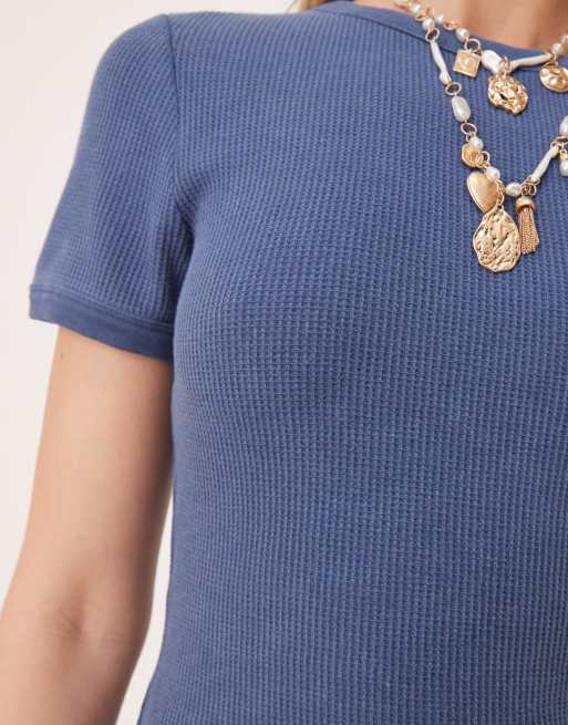 ASOS DESIGN waffle knit baby tee in washed navy, 3 of 4