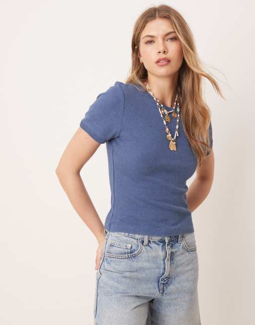 ASOS DESIGN waffle knit baby tee in washed navy, 4 of 4