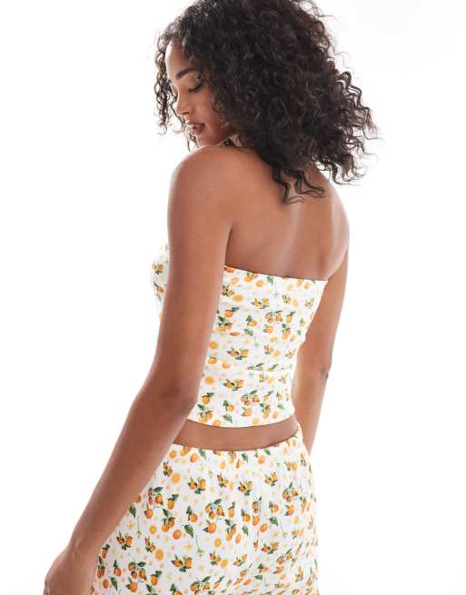 ASOS DESIGN waffle knit bandeau top in orange fruit print - part of a set, 3 of 4