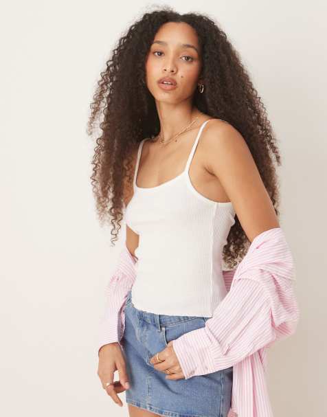 ASOS DESIGN waffle knit lettuce edge cami tank top in cream - view 1