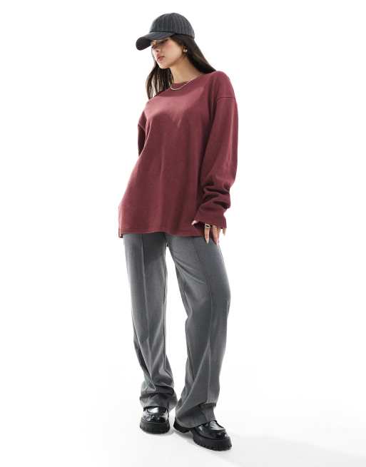 ASOS DESIGN waffle knit long sleeve skater tee in washed burgundy, 2 of 4