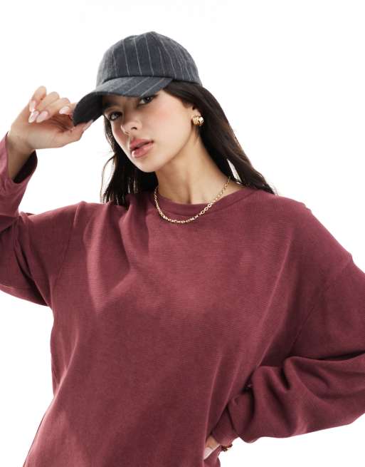 ASOS DESIGN waffle knit long sleeve skater tee in washed burgundy, 3 of 4