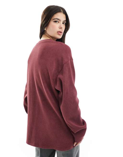 ASOS DESIGN waffle knit long sleeve skater tee in washed burgundy, 4 of 4