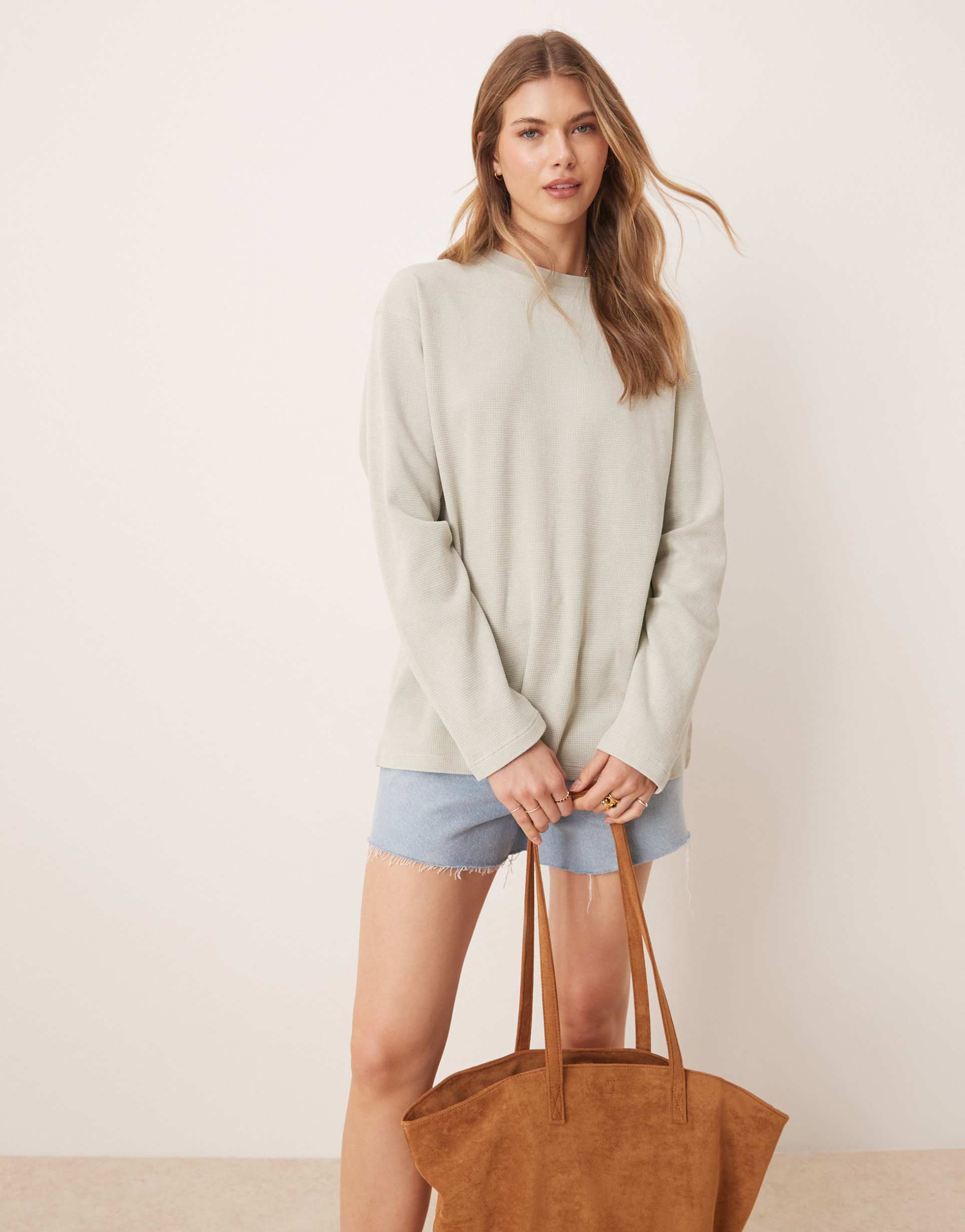 asos design waffle knit long sleeve skater tee in washed sage