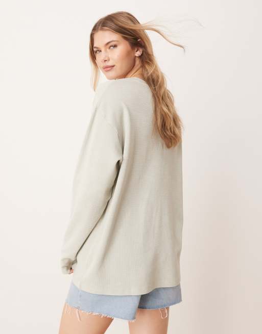 ASOS DESIGN waffle knit long sleeve skater tee in washed sage