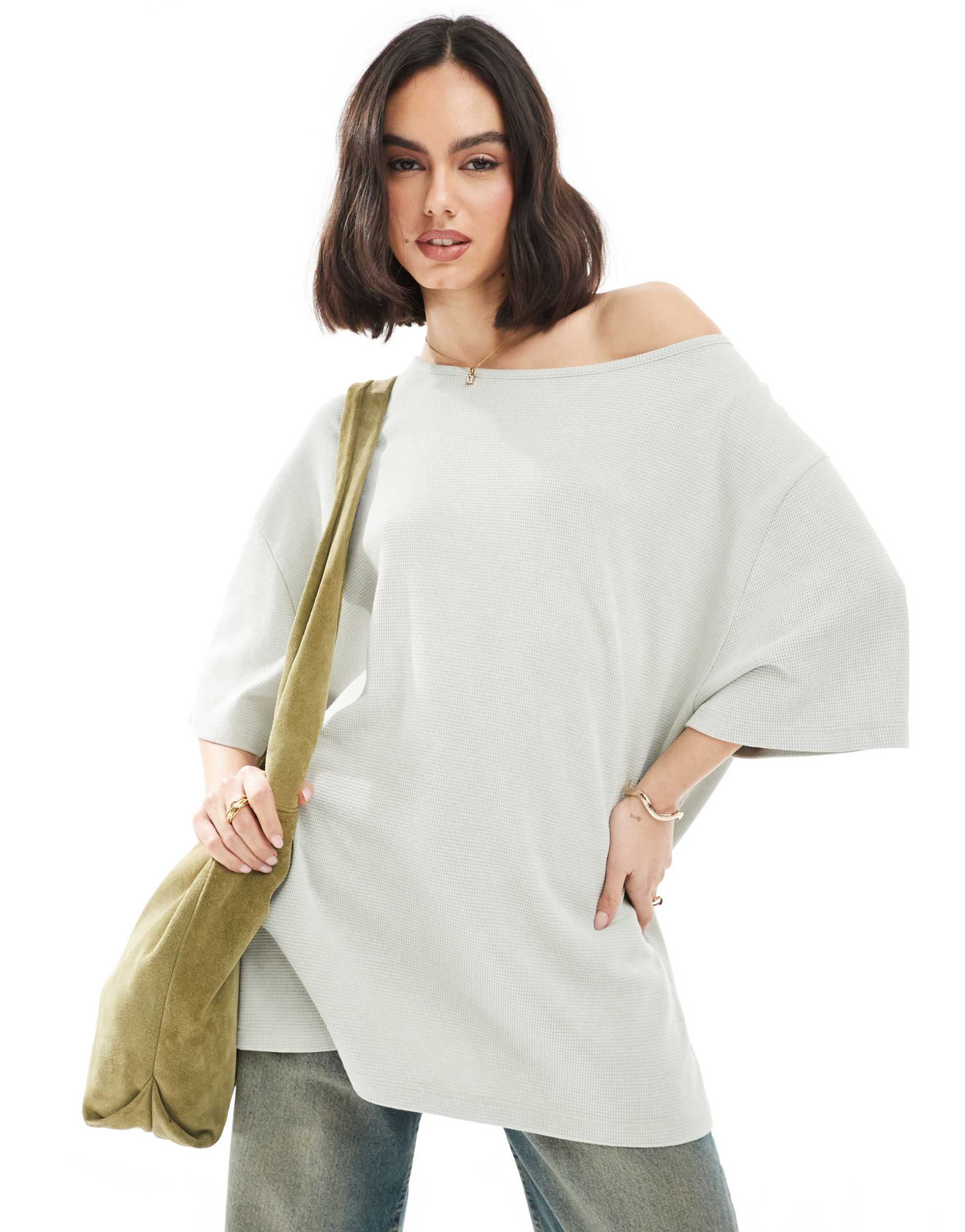 asos design waffle knit off the shoulder relaxed t-shirt in washed sage