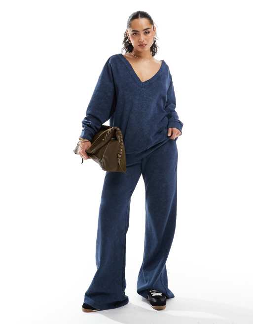 ASOS DESIGN waffle knit oversized off the shoulder v neck sweatshirt in washed navy - part of a set, 2 of 4