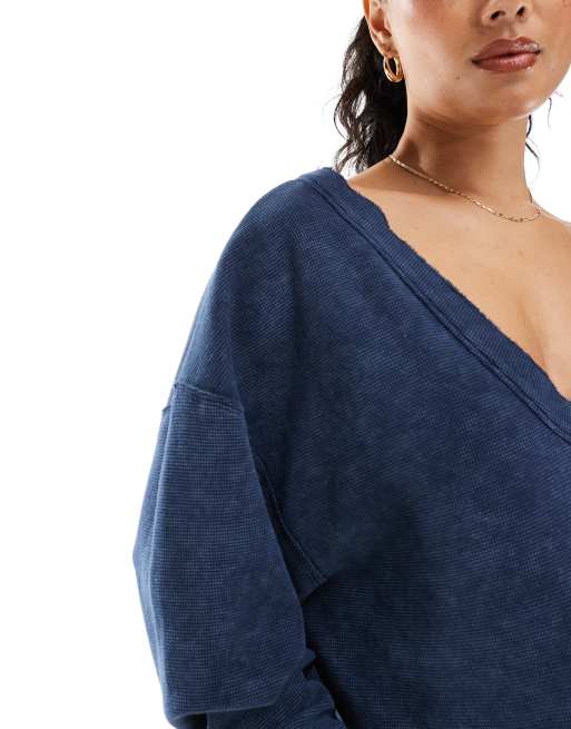ASOS DESIGN waffle knit oversized off the shoulder v neck sweatshirt in washed navy - part of a set, 3 of 4