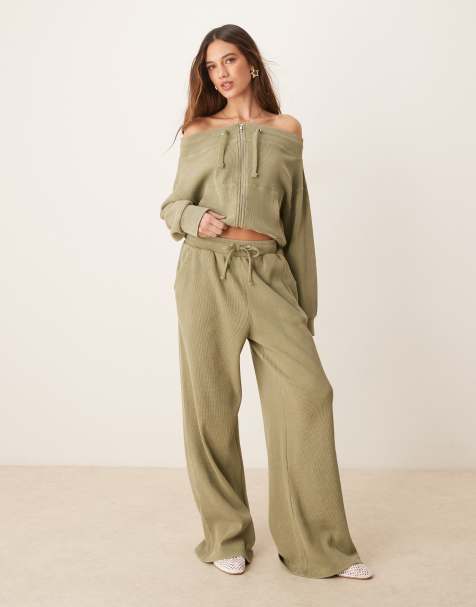 ASOS DESIGN waffle knit paperbag waist sweatpants in khaki green - part of a set - view 1