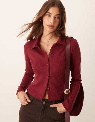 Asos Design Waffle Knit Shrunken Shirt In Burgundy-red