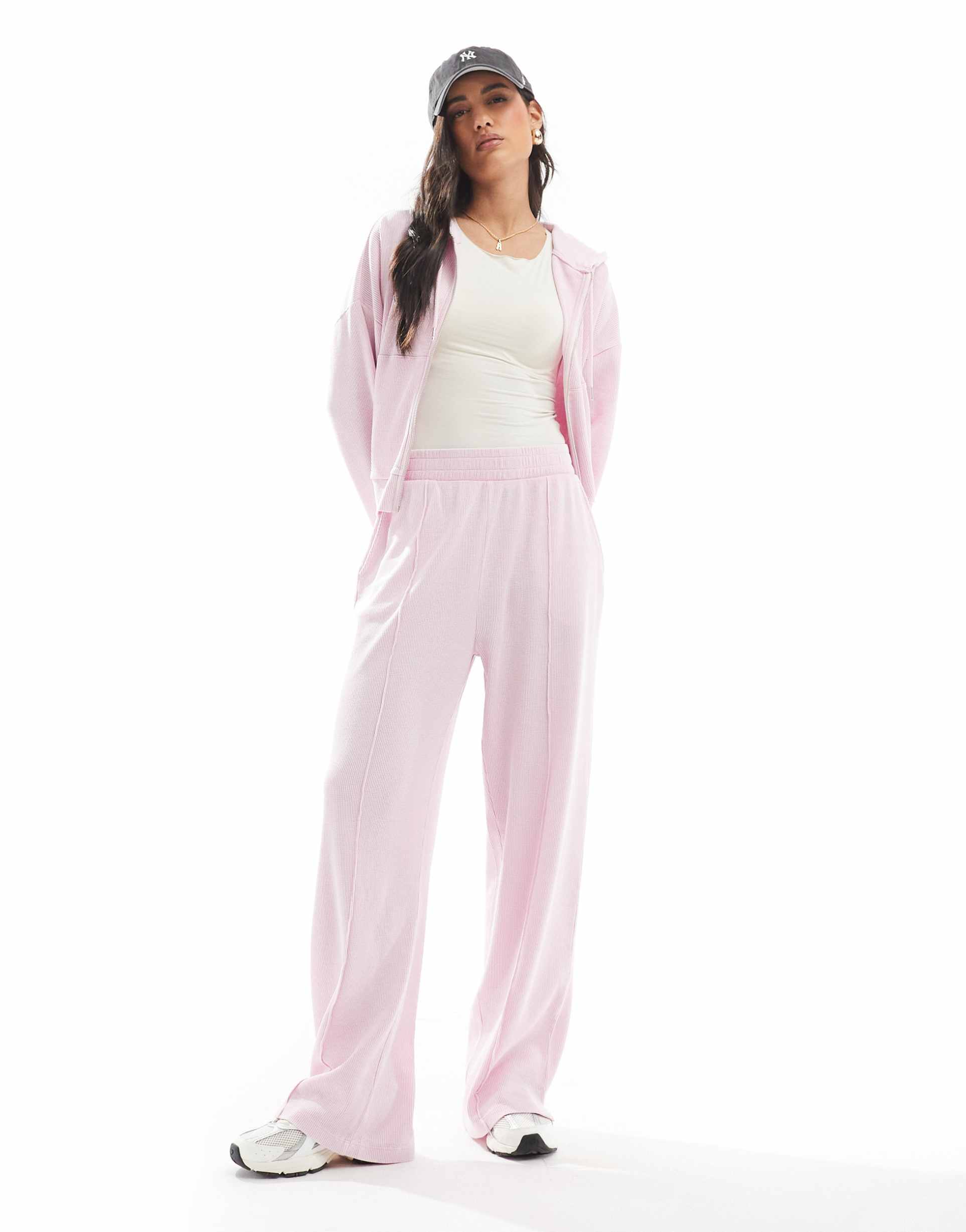 asos design waffle knit sweatpants in washed pink - part of a set