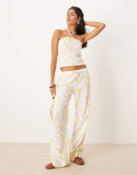 ASOS DESIGN waffle knit wide leg pants in lemon floral print - part of a set - view 1