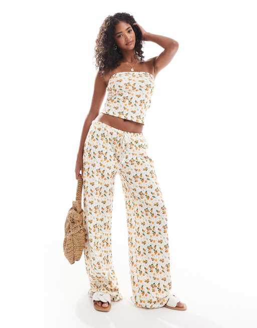 ASOS DESIGN waffle knit wide leg pants in orange fruit print - part of a set 
