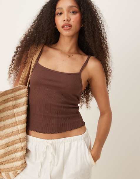 ASOS DESIGN waffle lettuce edge cami singlet in chocolate - view 1