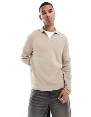 waffle long sleeve polo with zip in stone-Brown